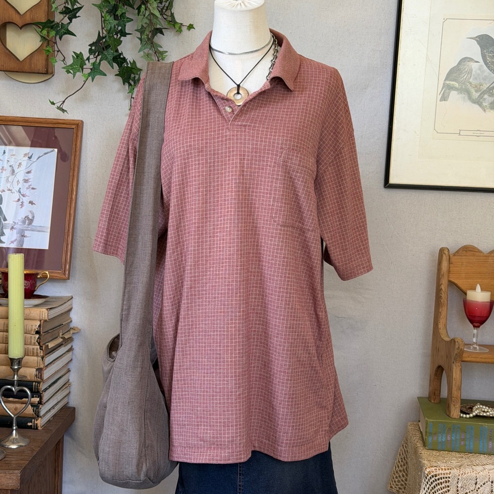 Rusty Red Grid Cotton Blend Polo Shirt Oversized Indie Grunge L Granola Baggy